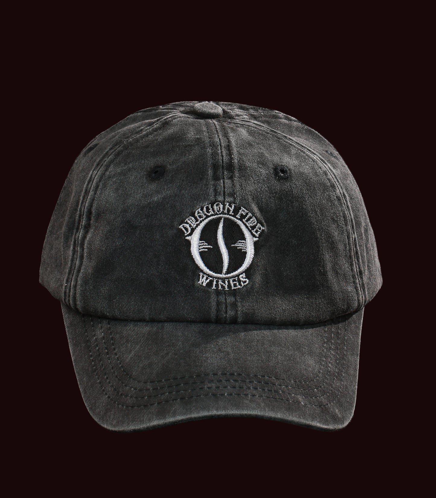 Black cap with 'Dragon Five Wines' logo on a black background