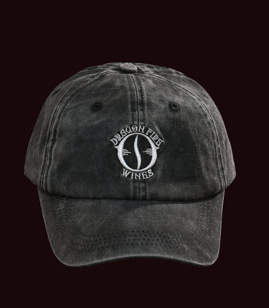 Black cap with 'Dragon Five Wines' logo on a black background