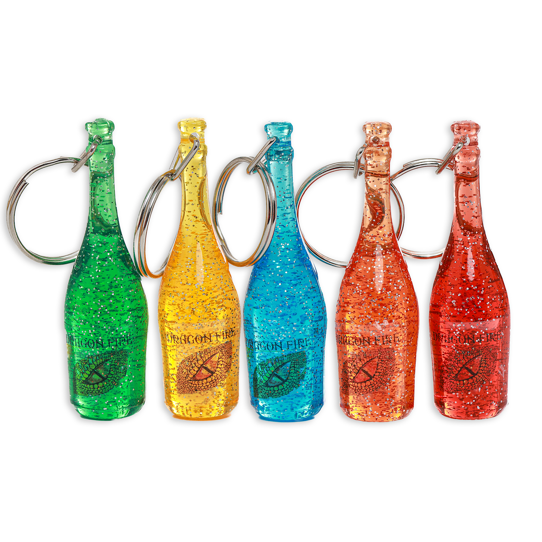 Five colorful bottle-shaped keychains on a white background
