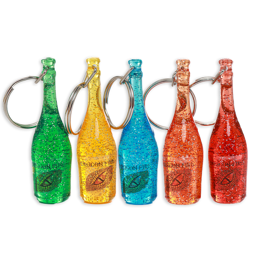 Five colorful bottle-shaped keychains on a white background