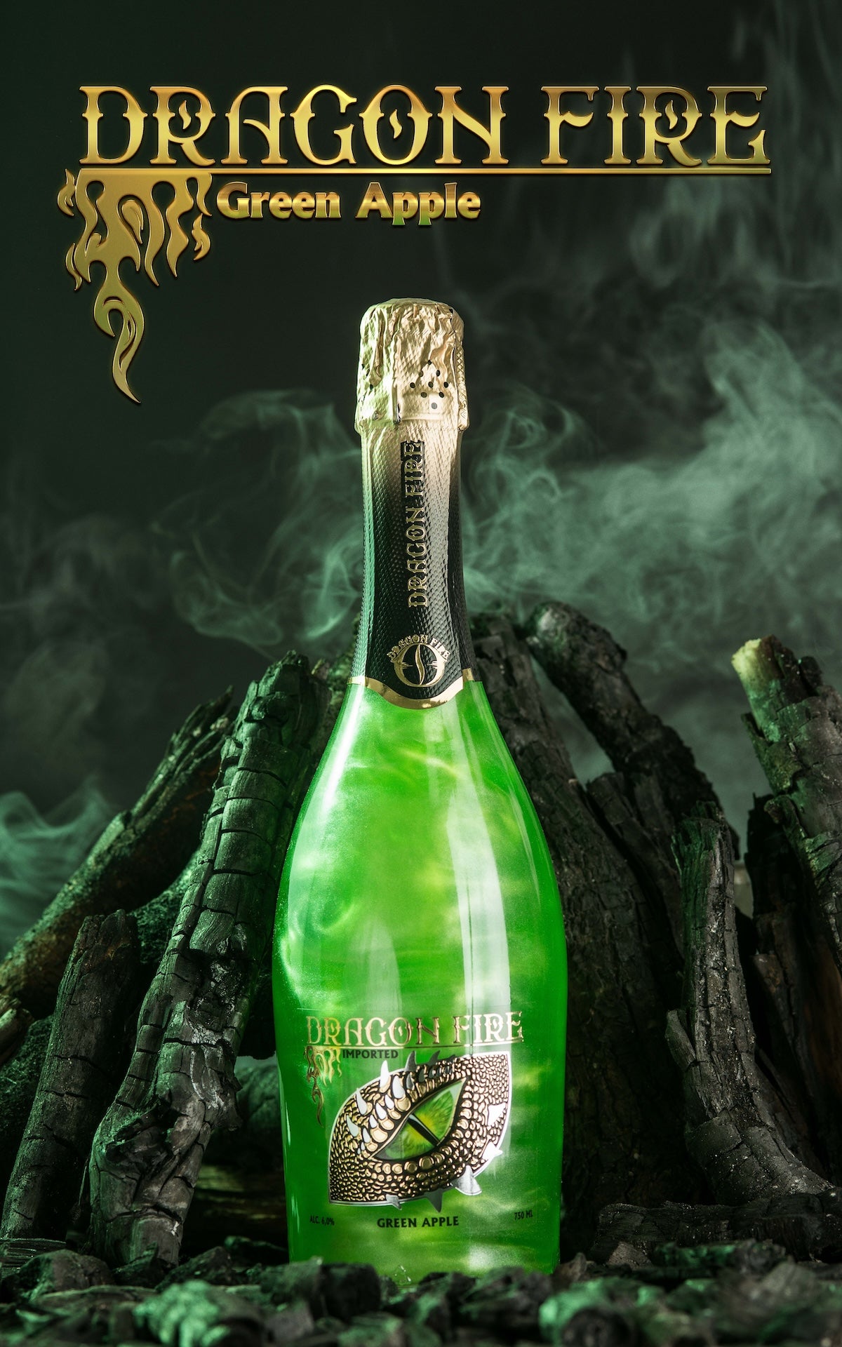 Green bottle of Dragon Fire Green Apple against a dark background with smoke effects