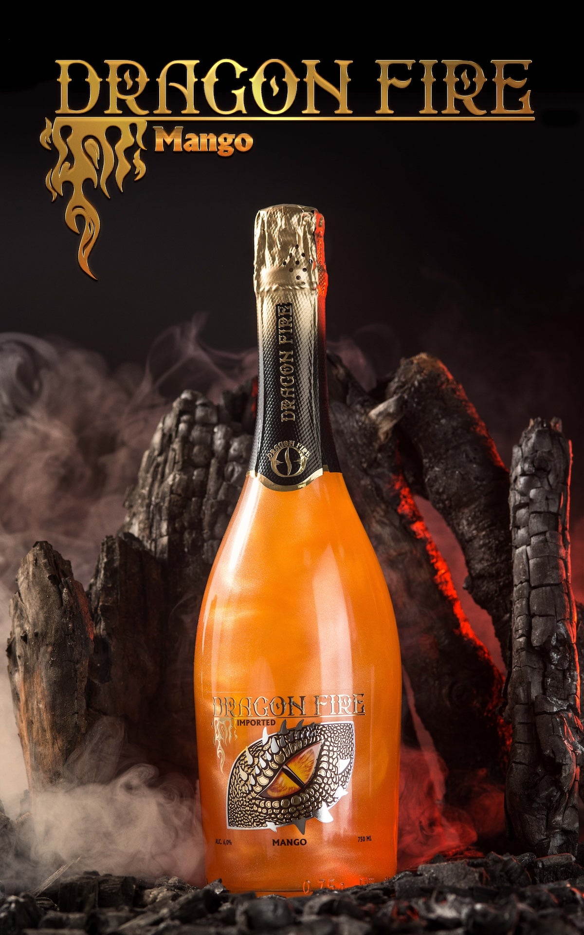 Dragon Fire Mango bottle with fiery background