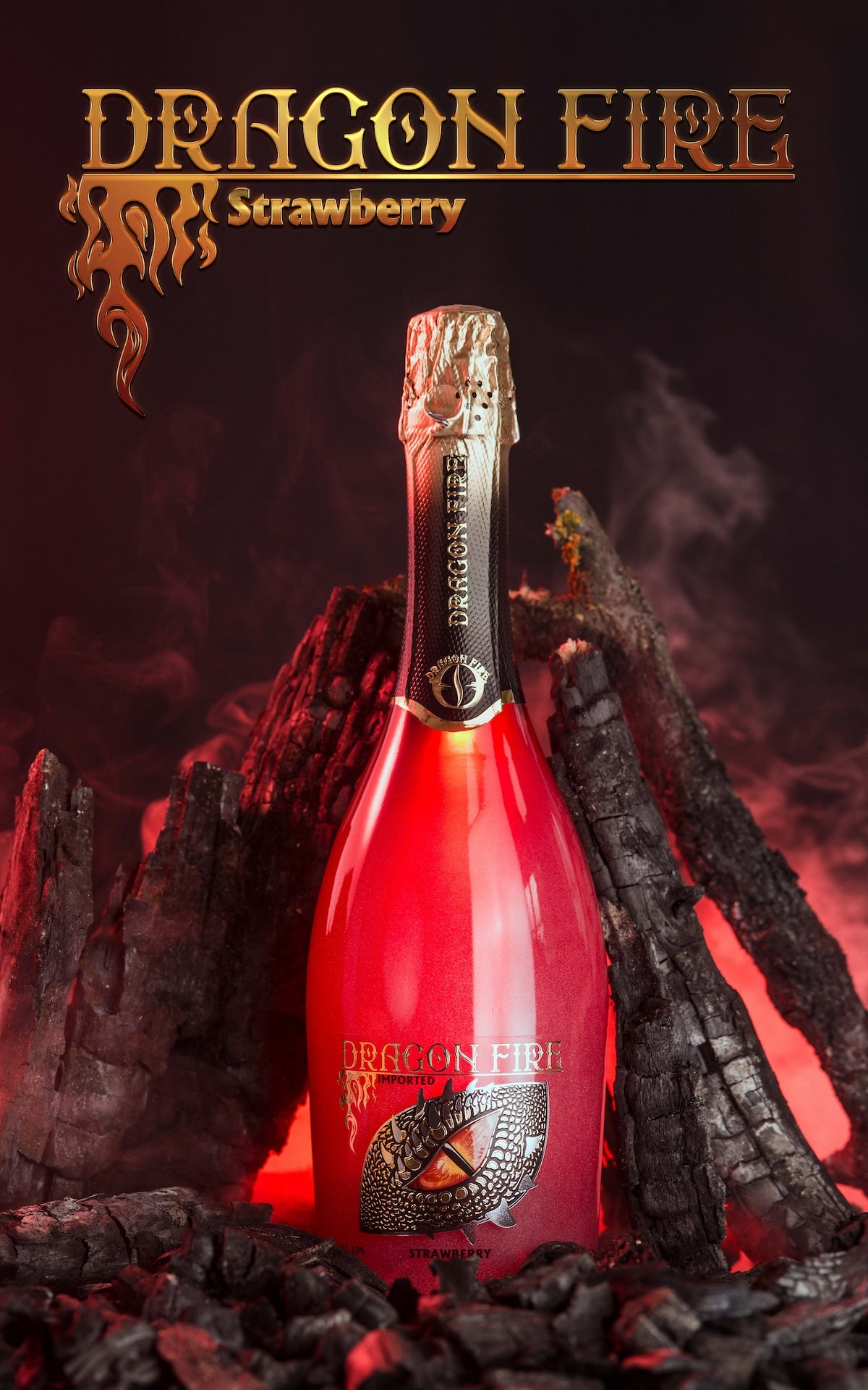 Red bottle of Dragon Fire Strawberry against a dark background with smoke effects